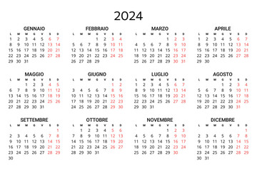 2024 italian calendar. Printable, editable vector illustration for Italy. 12 months year calendario.