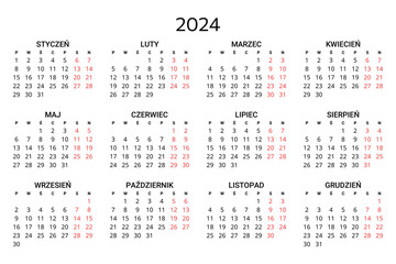2024 polish calendar. Printable, editable vector illustration for Poland. 12 months year kalendarz. - obrazy, fototapety, plakaty