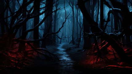 Dark forest with a stream. Generative Ai