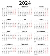 2024 romanian calendar. Printable, editable vector illustration for Romania and Moldova. 12 months year calendars - obrazy, fototapety, plakaty