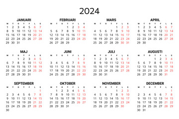 2024 swedish calendar. Printable, editable vector illustration for Sweden. 12 months year kalender.