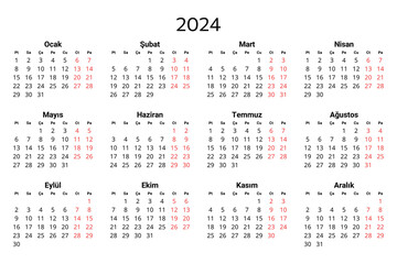 2024 turkish calendar. Printable, editable vector illustration for Turkey. 12 months year takvim. - obrazy, fototapety, plakaty