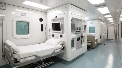 Modular Treatment Pods in modern hospital. Adaptable spaces for medical procedures and patients comfort