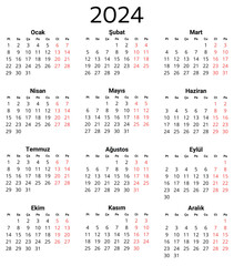 2024 turkish calendar. Printable, editable vector illustration for Turkey. 12 months year takvim