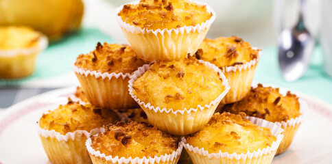 Typical sweet from Brazil and Portugal, called queijadinha or queijada. Homemade dessert, pastry from bakery or traditional confectionery