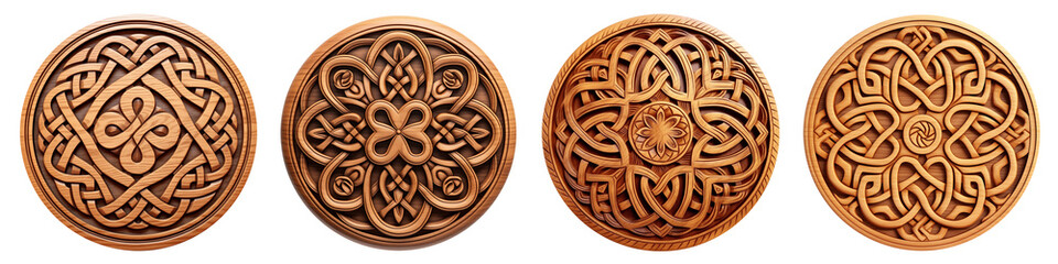 Set of Round handmade Celtic wooden mandala. Ornament Wood carving with beautiful woodworking. Generative AI