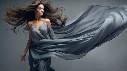 Fashionable beauty in elegant sophisticated dress developing in the wind. Stylish young woman. Beautiful feminine image. Frozen dynamics. Fashion concept of beauty and fashion magazine. Illustration.