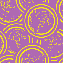 Starry night seamless pattern with moon, stars and clouds. Boho style decorative background for wallpaper, digital paper, wrapping design, fashion fabric, textile print. Hand drawn illustration.
