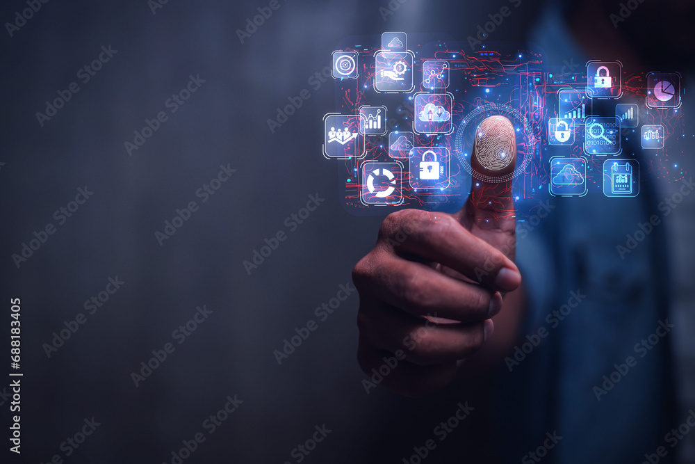 Poster anti-authentication concept, user login password or finger scanning, data security, personal data ac