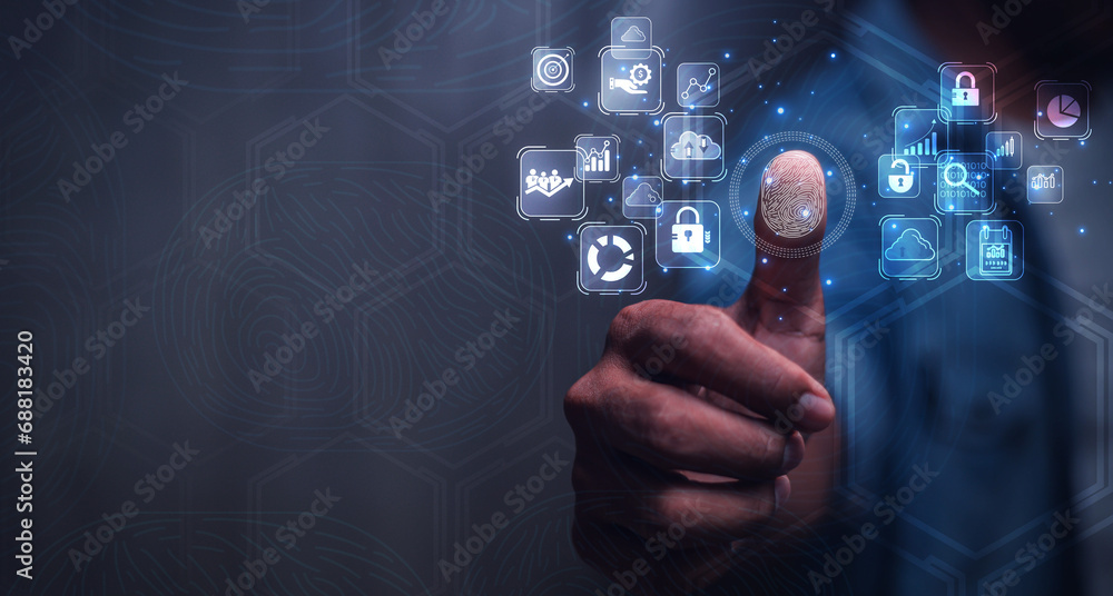 Poster anti-authentication concept, user login password or finger scanning, data security, personal data ac