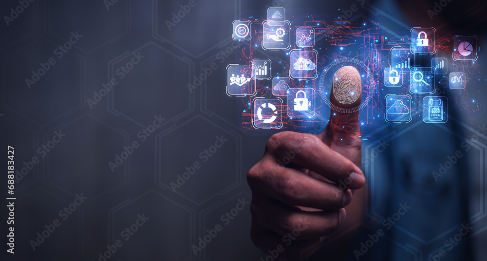 Poster anti-authentication concept, user login password or finger scanning, data security, personal data ac