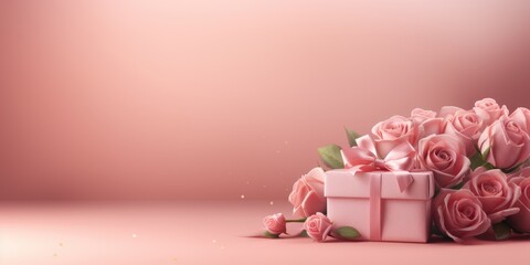 Roses and gift box with satin ribbon on pink background. Saint valentine, birthday, mothers day celebration