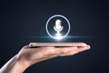 Voice recording concept. Man touching small microphone icon