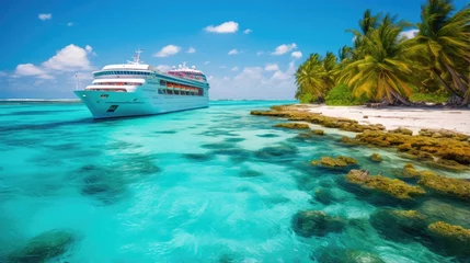Poster A cruise ship on a calm sea surface on a sunny day near a tropical island with palm trees. Natural background. Modern screen design.  Illustration for cover, card, postcard, interior design, brochure. © Login