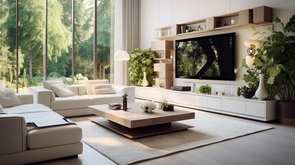 White sofa and tv unit in spacious room. Luxury home interior design of modern living room, Generative AI - obrazy, fototapety, plakaty