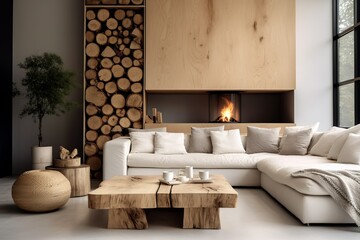 Tree stump coffee table near white sofa and pouf against wood paneling wall with fireplace and stack of firewood. Scandinavian style home interior design of modern living room, Generative AI