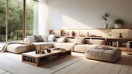 Modular corner sofa in spacious room. Minimalist home interior design of modern living room, Generative AI