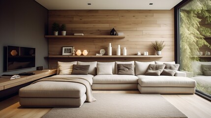 Grey corner sofa against wood paneling wall with tv. Minimalist home interior design of modern living room, Generative AI