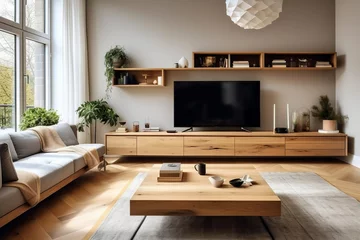 Foto op Plexiglas Wooden tv unit in spacious room. Scandinavian home interior design of modern living room, Generative AI © Eduardo