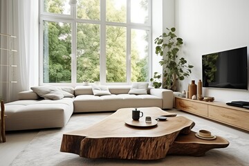 Coffee table made from wooden tree trunk against grey corner sofa. Tv on white wall and big windows in minimalist style scandinavian home interior design of modern living room, Generative AI