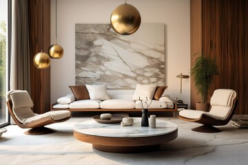 Two brown lounge chairs against white sofa and round coffee tables. Mid-century home interior design of modern living room with marble wall, Generative AI