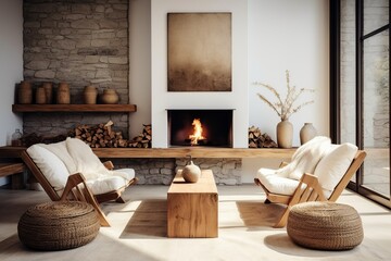 Two chairs and wooden bench against fireplace. Scandinavian style home interior design of modern living room, Generative AI
