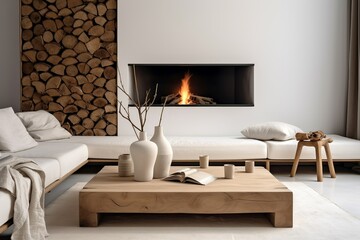 White sofa with blanket and wooden coffee table against fireplace with firewood stack. Minimalist scandinavian home interior design of modern living room, Generative AI