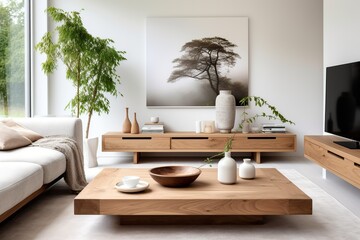 Fototapeta na wymiar Wooden coffee table between sofa and tv. Scandinavian minimalist home interior design of modern living room, Generative AI