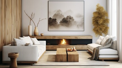 Two white sofas near fireplace against white wall with wooden cabinet and art poster. Scandinavian minimalist style home interior design of modern living room, Generative AI