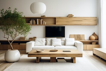 White sofa against tv unit and wooden shelf on white wall. Scandinavian minimalist home interior design of modern living room, Generative AI