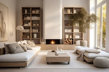 Sofa and poufs against fireplace and wooden shelving units. Scandinavian home interior design of modern living room, Generative AI