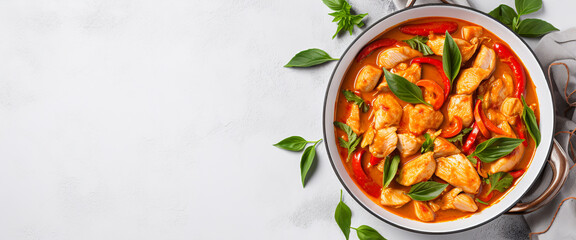 Thai red chicken curry with vegetables in a frying pan. ai generative - obrazy, fototapety, plakaty