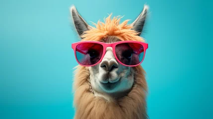 Fotobehang A llama in sunglasses, its eyes hidden behind tinted lenses, stands out against a solid pastel background. ai generated. © 1st footage