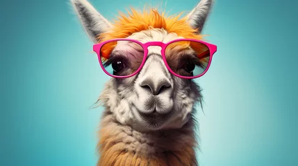 Foto op Plexiglas A llama in sunglasses, its eyes hidden behind tinted lenses, stands out against a solid pastel background. ai generated. © 1st footage