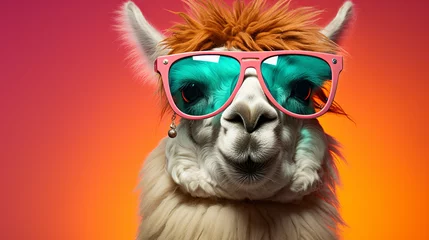 Papier Peint photo Lavable Lama A llama in sunglasses, its eyes hidden behind tinted lenses, stands out against a solid pastel background. ai generated.