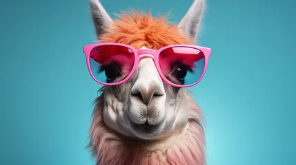 Fotobehang A llama in sunglasses, its eyes hidden behind tinted lenses, stands out against a solid pastel background. ai generated. © 1st footage