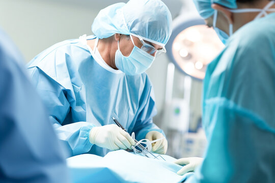 A surgeon's team in uniform performs an operation on a patient at a cardiac surgery clinic. Surgery, medical technology, health care and disease treatment concept.
