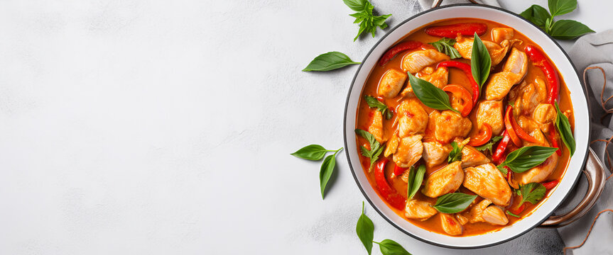Thai red chicken curry with vegetables in a frying pan. ai generative