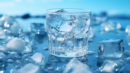 Clear Single-Color Ice Cubes Shine in a Water Glass: A Minimalist Interpretation of Refreshment