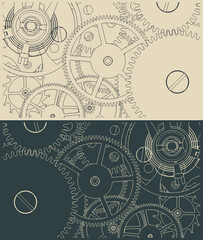 Clock mechanism close up illustrations