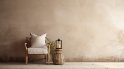old vintage room, farmhouse interior, industrial style, big blank wall mockup, couch, chair, plants with beautiful shadows, Generative AI