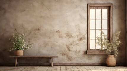 old vintage room, farmhouse interior, industrial style, big blank wall mockup, couch, chair, plants with beautiful shadows, Generative AI