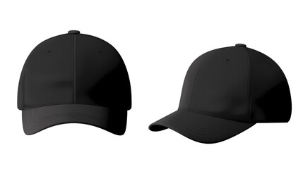 Black front and side hat baseball cap set isolated on transparent background - obrazy, fototapety, plakaty