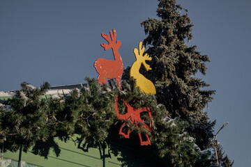 Kyiv, Ukraine. 04.12.2023: at VDNG, shop roofs are decorated for the New Year