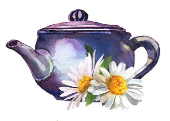 Vintage kettle with camomile flowers illustration. Retro teapot design. Hot drink clipart isolated on a white background.  - obrazy, fototapety, plakaty