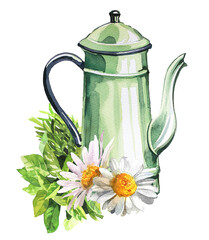 Vintage kettle with camomile flowers illustration. Retro teapot design. Hot drink clipart isolated on a white background. 