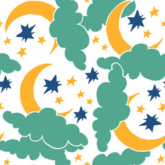Fototapeta na wymiar Starry night seamless pattern with moon, stars and clouds. Boho style decorative background for wallpaper, digital paper, wrapping design, fashion fabric, textile print. Hand drawn illustration.