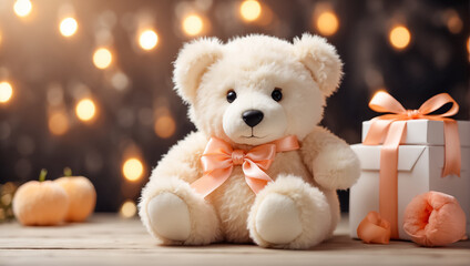 Cute funny teddy bear toy, with gift box with bow birthday