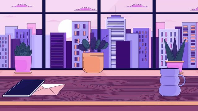 Office desk with window cityscape sunset cartoon animation. Workstation, evening urban 4K video motion graphic. Windowsill plants 2D animated background, after hours aesthetic lofi live wallpaper