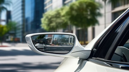 elegance of a white car's rearview mirror closing. Perfect for highlighting modern automotive technology and driving safety.